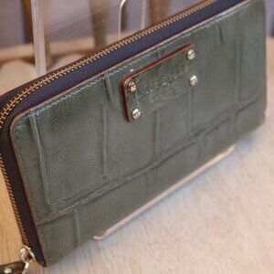 Kate Spade Grey Green Patent Leather Crocodile Embossed Zip Around Wallet